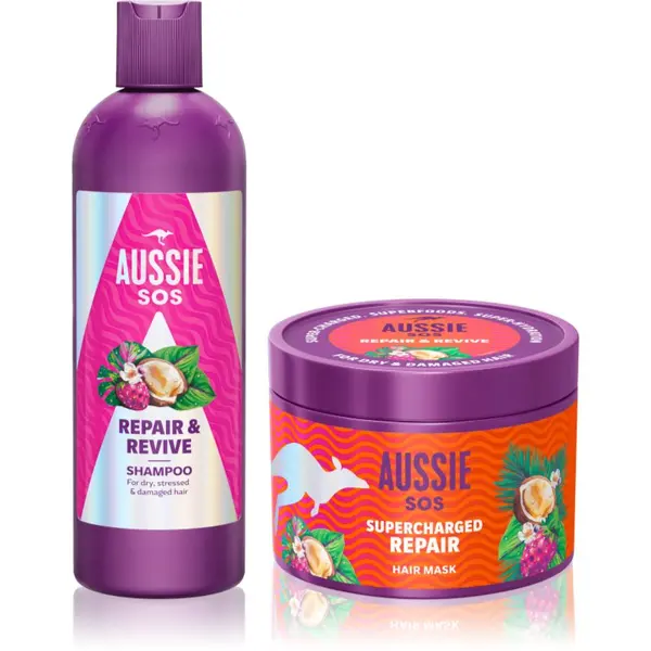 Aussie Aussie SOS Repair, Revive & Repeat подаръчен комплект за третирана коса и скалп
