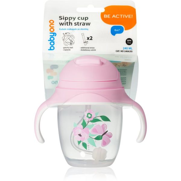 BabyOno BabyOno Be Active Sippy Cup with Weighted Straw преходна чаша със сламка 6 m+ Butterfly 240 мл.