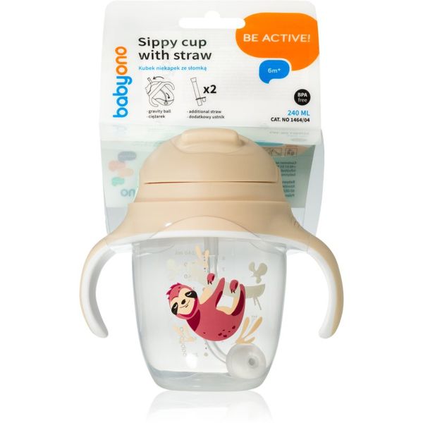 BabyOno BabyOno Be Active Sippy Cup with Weighted Straw преходна чаша със сламка 6 m+ Sloth 240 мл.