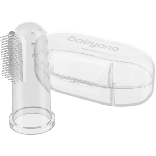 BabyOno BabyOno Take Care First Toothbrush детска четка за зъби за върху пръст с калъфка Transparent 1 бр.