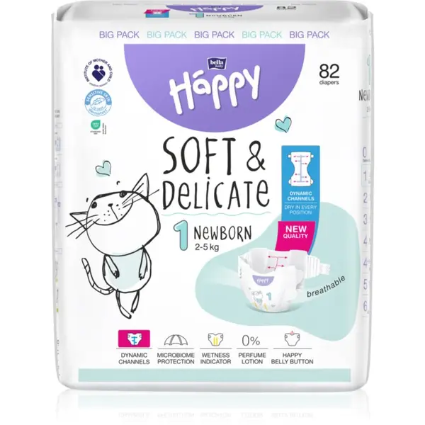 BELLA BELLA Baby Happy Soft&Delicate еднократни пелени с каналчета Newborn 2-5 kg 82 бр.