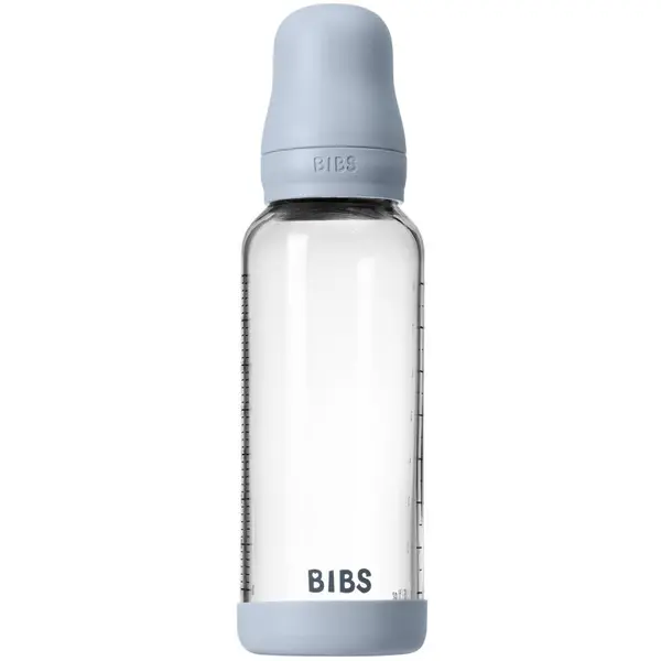 BIBS BIBS Baby Glass Bottle Silicone шише против колики със силиконова приставка за пиене Baby Blue 240 мл.