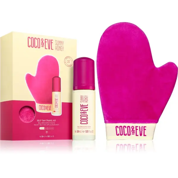 Coco & Eve Coco & Eve Sunny Honey Ultimate Glow Travel Kit автобронзираща пяна с ръкавица за нанасяне малка опаковка Medium 60 мл.