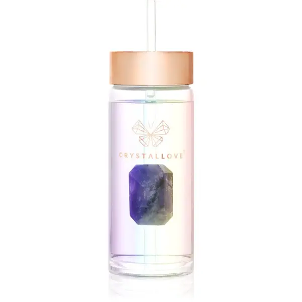 Crystallove Crystallove Clear Quartz Straw Water Bottle стъклена бутилка за вода със сламка Hologram - Amethyst 400 мл.