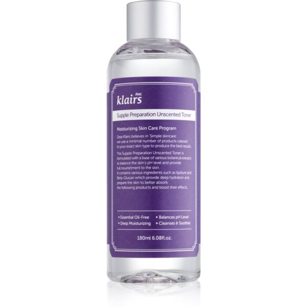 Klairs Klairs Supple Preparation Unscented Toner хидратиращ тоник, изравняващ pH на кожата без парфюм 180 мл.