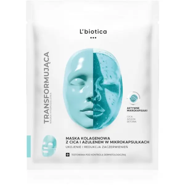 L’biotica L’biotica Transforming Collagen Mask with CICA and Azulene in Microcapsules колагенова маска против зачервяване на кожата 1 бр.