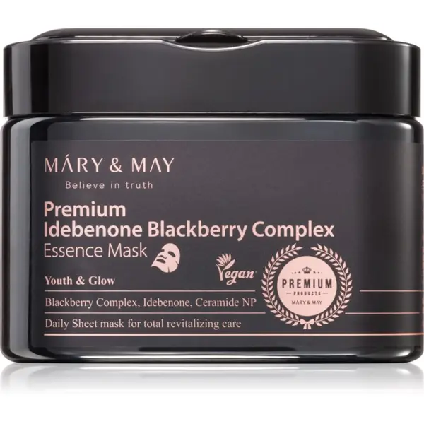Mary&May Mary&May Premium Idebenone Blackberry Complex Essence Mask хидратираща платнена маска със стягащ ефект голяма опаковка 20 бр.