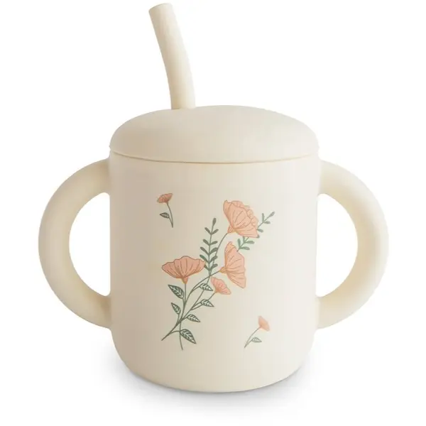 Mushie Mushie Silicone Training Cup Pink Flowers чаша със сламка 170 мл.