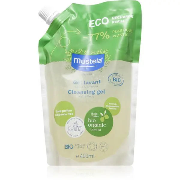 Mustela Mustela BIO миещ гел за тяло и коса за деца от раждането им резервен пълнител 400 мл.