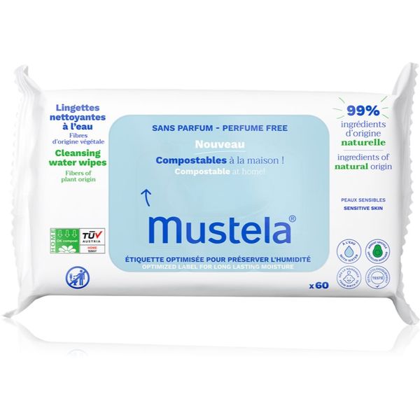Mustela Mustela Compostable at Home Cleansing Wipes Perfume Free почистващи кърпички без парфюм за деца от раждането им 60 бр.