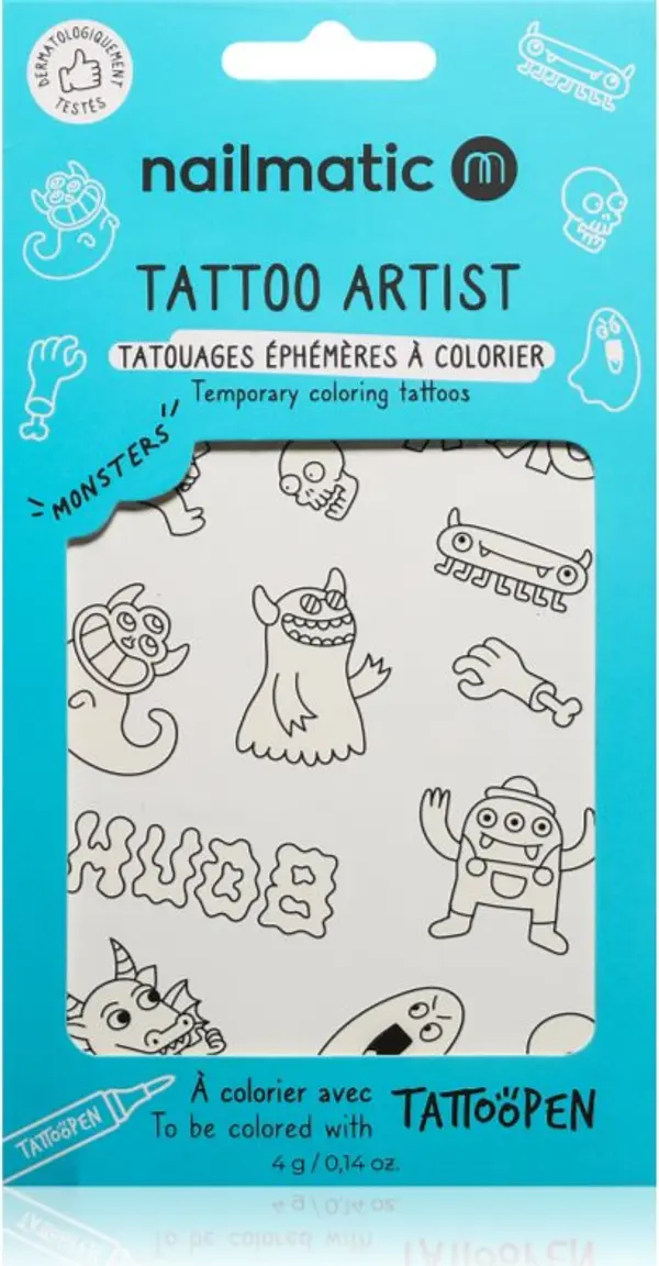 Nailmatic Nailmatic Tattoo Artist Temporary Coloring Tattoos татуировка за деца 3 y+ Monsters 9x16,3 см