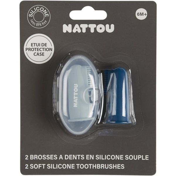 NATTOU NATTOU Baby Toothbrush детска четка за зъби за върху пръст с калъфка Petrol Blue / Aqua Blue 2 бр.