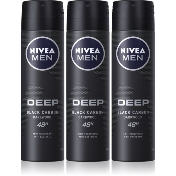 Nivea NIVEA MEN Deep Black Carbon Darkwood антиперспирант-спрей изгодна опаковка за мъже 3 x 150 ml