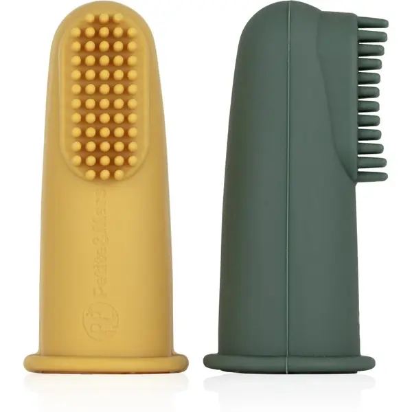 Petite&Mars Petite&Mars Take&Match 0m+ детска четка за зъби за върху пръст с калъфка Ochre&Green 2 бр.