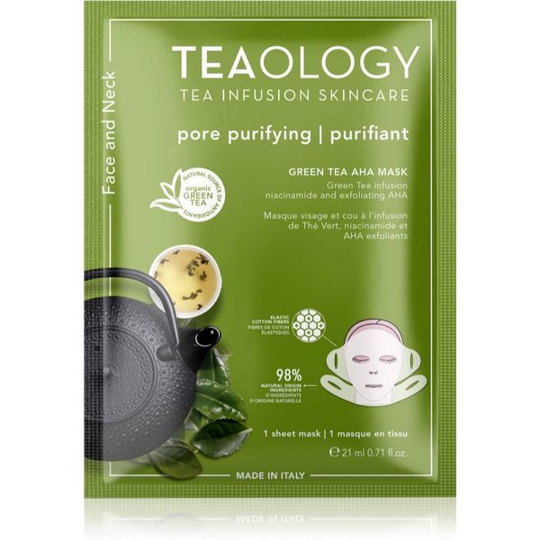 Teaology Teaology Face Mask Green Tea AHA платнена маска с почистващ и освежаващ ефект на лицето и шията 21 мл.
