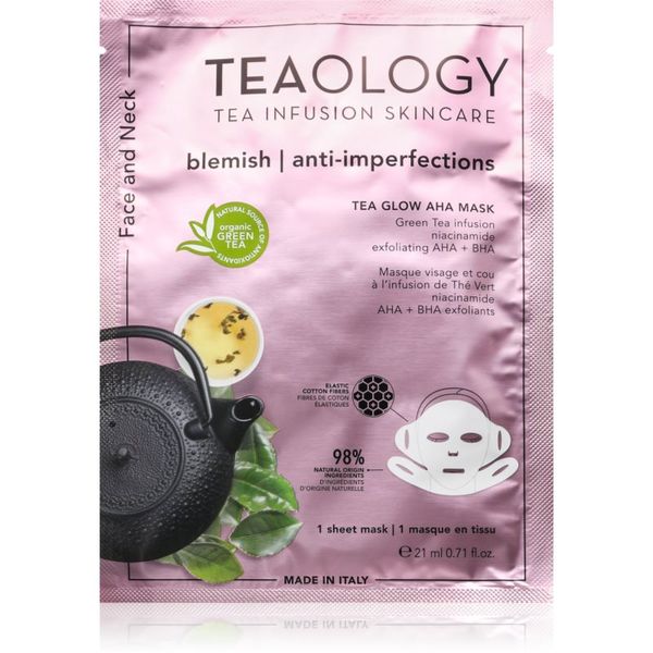 Teaology Teaology Tea Glow Blemish AHA Purifying Mask платнена маска с почистващ и освежаващ ефект за шия и деколте 21 мл.