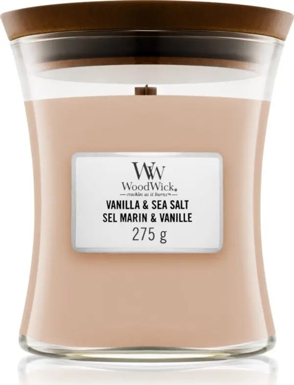 Woodwick Woodwick Vanilla & Sea Salt ароматна свещ с дървен фитил 275 гр.