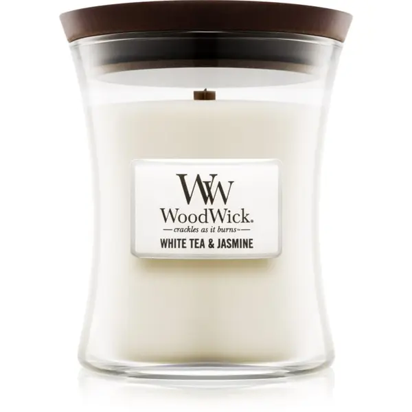 Woodwick Woodwick White Tea & Jasmine ароматна свещ с дървен фитил 275 гр.