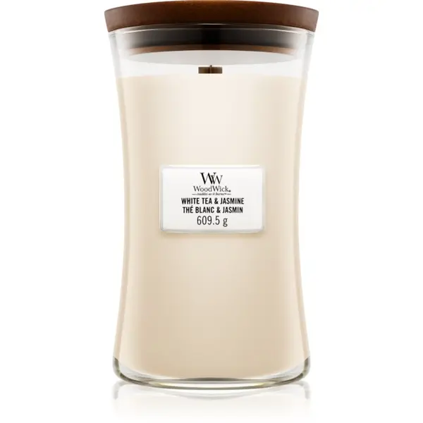 Woodwick Woodwick White Tea & Jasmine ароматна свещ с дървен фитил 609.5 гр.