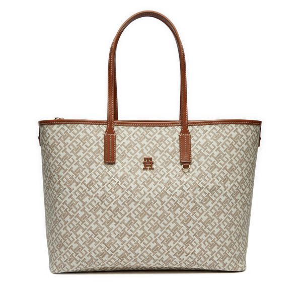 Tommy Hilfiger Дамска чанта Tommy Hilfiger Th Monoplay Leather Tote AW0AW17379 Екрю