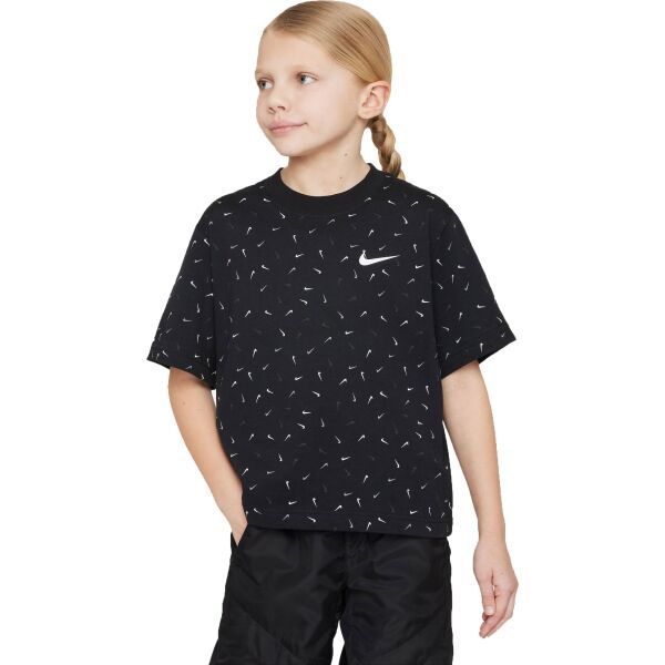 Nike Nike SPORTSWEAR BOXY SWOOSH Тениска за момичета, черно, размер