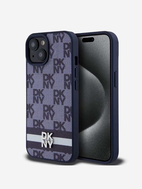 DKNY DKNY PU Leather Checkered Pattern and Stripe Zadní Kryt pro iPhone 15 Blue Калъф за телефон Sin