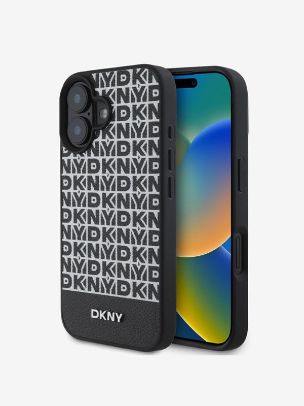 DKNY DKNY PU Leather Repeat Pattern Bottom Stripe MagSafe Zadní Kryt pro iPhone 16 Plus Black Калъф за телефон Lilav