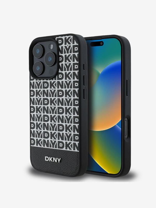 DKNY DKNY PU Leather Repeat Pattern Bottom Stripe MagSafe Zadní Kryt pro iPhone 16 Pro Black Калъф за телефон Lilav