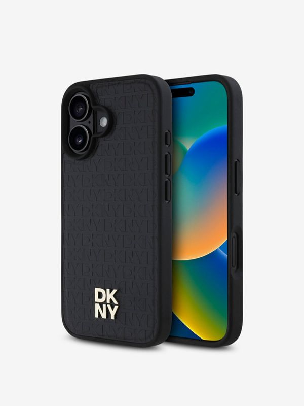 DKNY DKNY PU Leather Repeat Pattern Stack Logo MagSafe Zadní Kryt pro iPhone 16 Plus Black Калъф за телефон Lilav