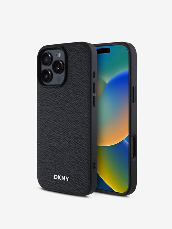 DKNY DKNY PU Leather Silver Metal Logo Magsafe Zadní Kryt pro iPhone 16 Pro Max Black Калъф за телефон Lilav