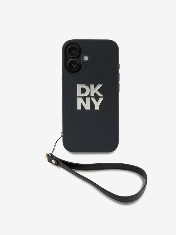 DKNY DKNY PU Leather Stack Logo Wrist Strap Zadní Kryt pro iPhone 16 Black Калъф за телефон Lilav
