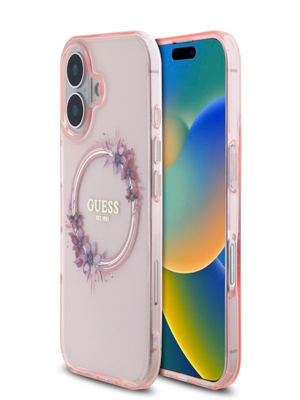 Guess Guess IML Flowers Ring MagSafe Zadní Kryt pro iPhone 16 Pink Калъф за телефон Lilav