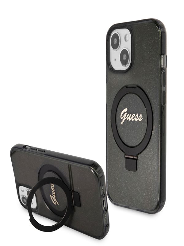 Guess Guess IML Ring Stand Glitter MagSafe Zadní Kryt pro iPhone 15 Black Калъф за телефон Lilav