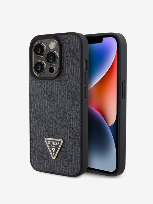 Guess Guess PU 4G Strass Triangle Metal Logo Zadní Kryt pro iPhone 15 Pro Black Калъф за телефон Lilav