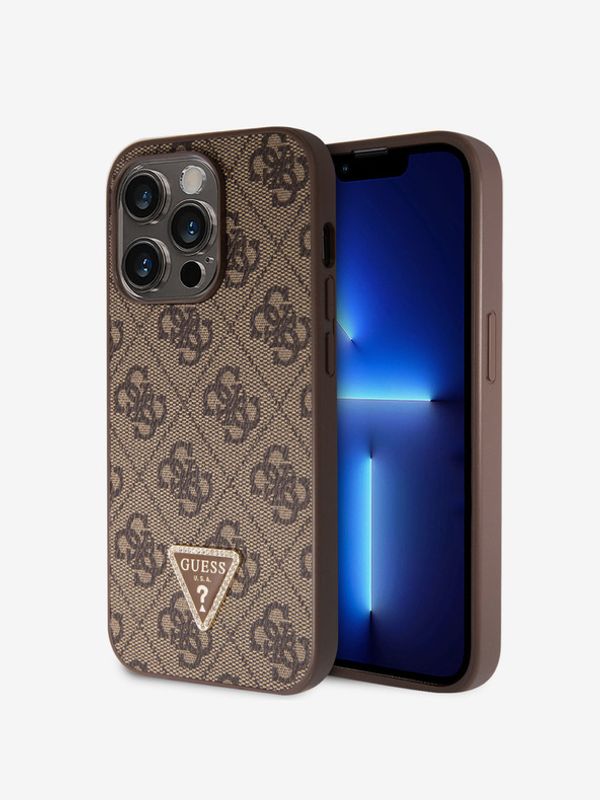 Guess Guess PU 4G Strass Triangle Metal Logo Zadní Kryt pro iPhone 15 Pro Brown Калъф за телефон Lilav