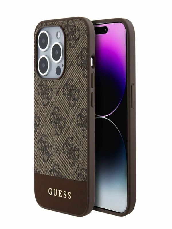 Guess Guess PU 4G Stripe MagSafe Zadní Kryt pro iPhone 15 Pro Brown Калъф за телефон Lilav