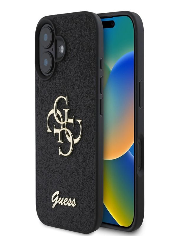 Guess Guess PU Fixed Glitter 4G Metal Logo Zadní Kryt pro iPhone 16 Black Калъф за телефон Lilav