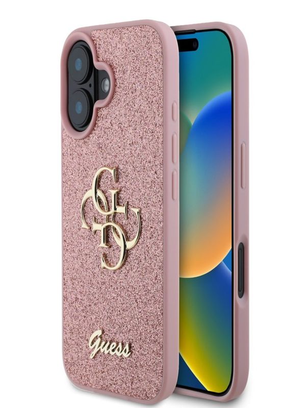 Guess Guess PU Fixed Glitter 4G Metal Logo Zadní Kryt pro iPhone 16 Pink Калъф за телефон Lilav