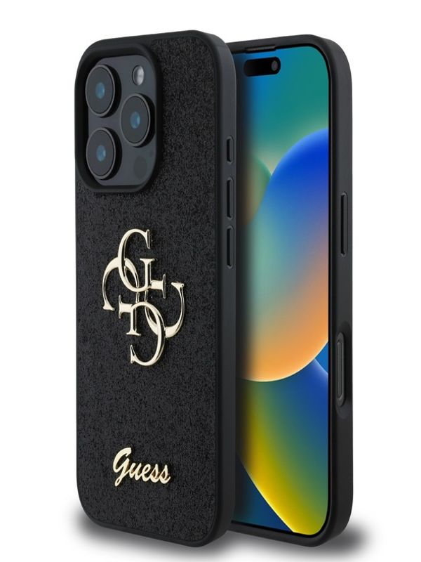 Guess Guess PU Fixed Glitter 4G Metal Logo Zadní Kryt pro iPhone 16 Pro Max Black Калъф за телефон Lilav