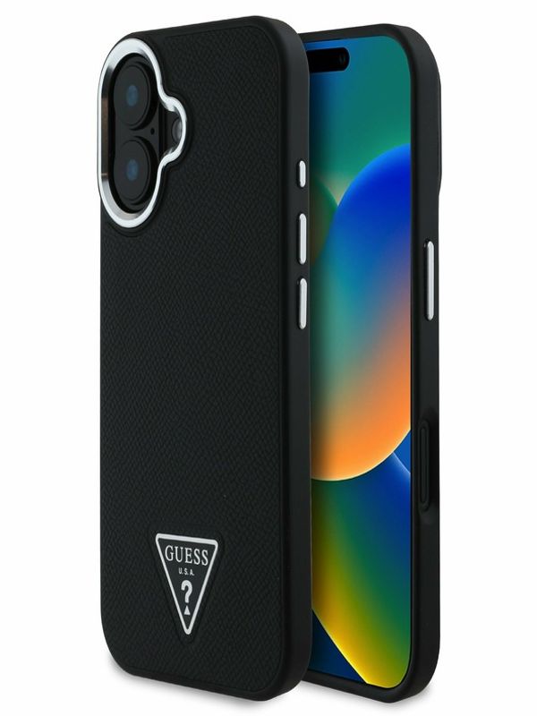 Guess Guess PU Grained Triangle Logo Zadní Kryt pro iPhone 16 Black Калъф за телефон Lilav