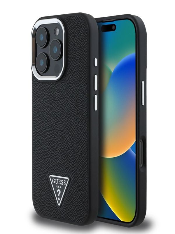 Guess Guess PU Grained Triangle Logo Zadní Kryt pro iPhone 16 Pro Black Калъф за телефон Lilav