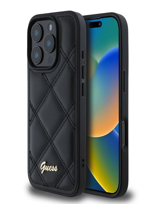 Guess Guess PU Leather Quilted Zadní Kryt pro iPhone 16 Pro Black Калъф за телефон Lilav