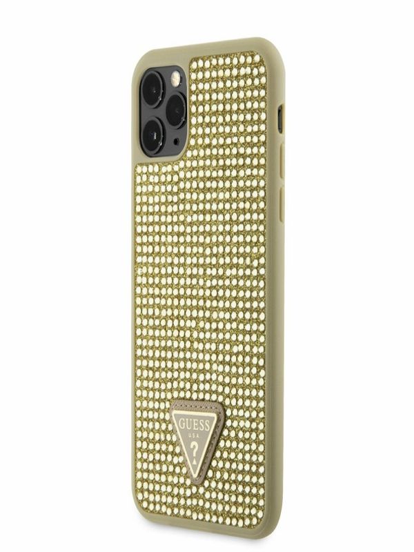 Guess Guess Rhinestones Triangle Metal Logo Kryt pro iPhone 11 Pro Max Gold Калъф за телефон Lilav