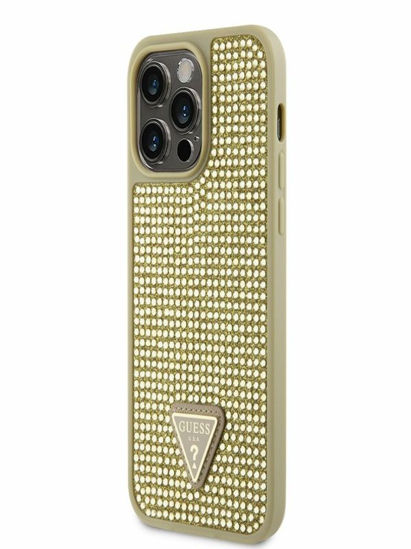 Guess Guess Rhinestones Triangle Metal Logo Kryt pro iPhone 14 Pro Max Gold Калъф за телефон Lilav