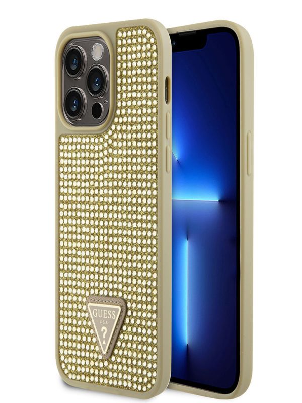 Guess Guess Rhinestones Triangle Metal Logo Kryt pro iPhone 15 Pro Max Gold Калъф за телефон Lilav