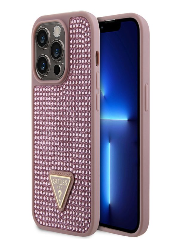Guess Guess Rhinestones Triangle Metal Logo Kryt pro iPhone 15 Pro Pink Калъф за телефон Lilav