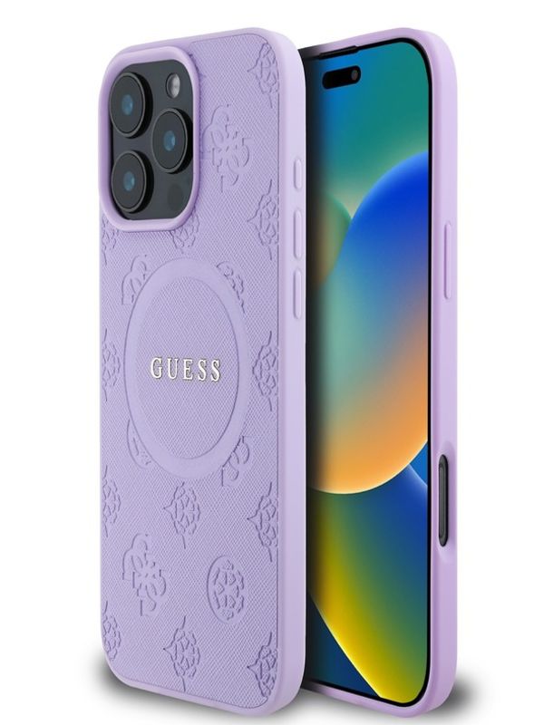 Guess Guess Saffiano Peony Stamp MagSafe Zadní Kryt pro iPhone 16 Pro Max Purple Калъф за телефон Lilav