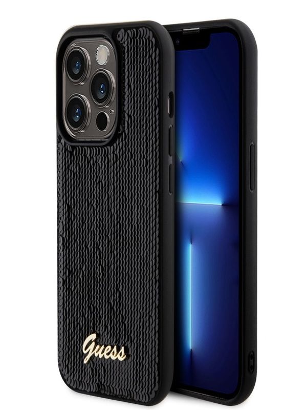 Guess Guess Sequin Script Logo Zadní Kryt pro iPhone 14 Pro Black Калъф за телефон Lilav