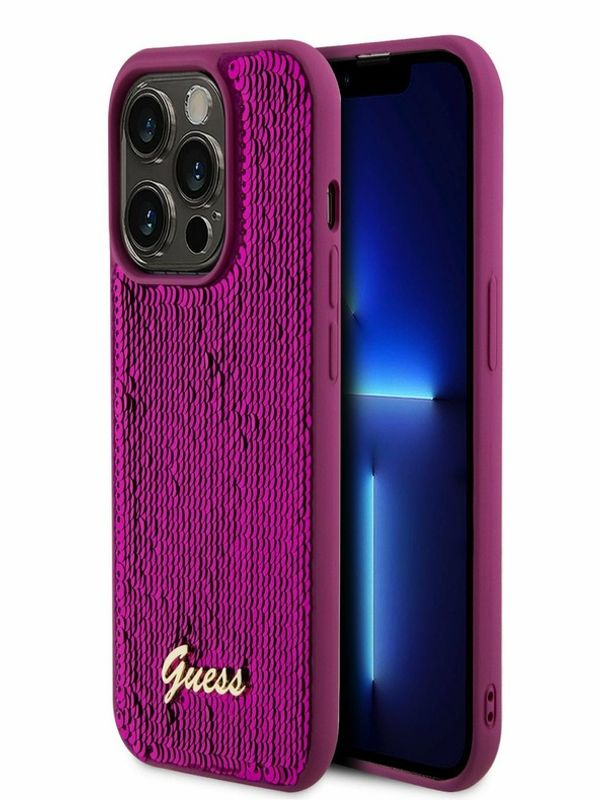 Guess Guess Sequin Script Logo Zadní Kryt pro iPhone 14 Pro Max Magenta Калъф за телефон Lilav