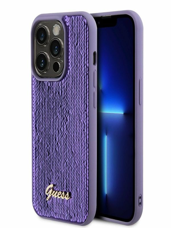 Guess Guess Sequin Script Logo Zadní Kryt pro iPhone 14 Pro Max Purple Калъф за телефон Lilav